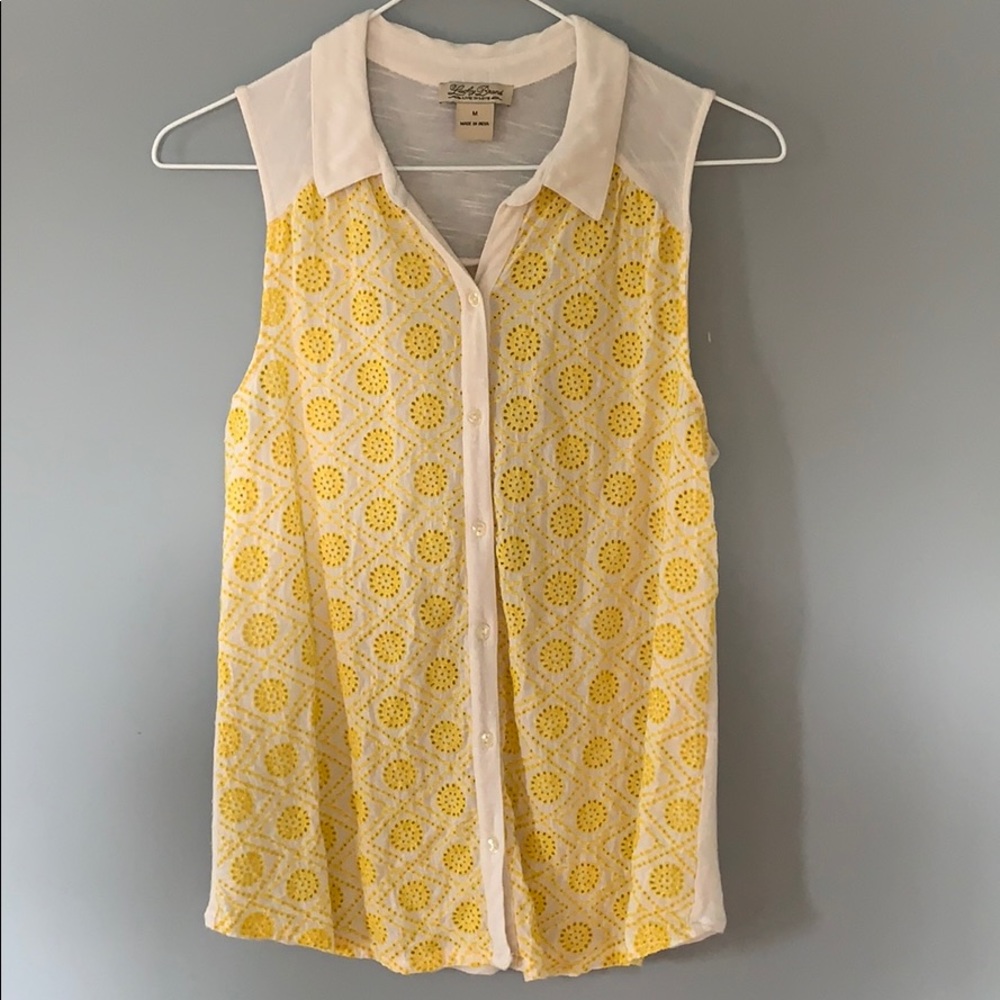 Lucky Brand Yellow and White Eyelet Button Down Sleeveless Shirt